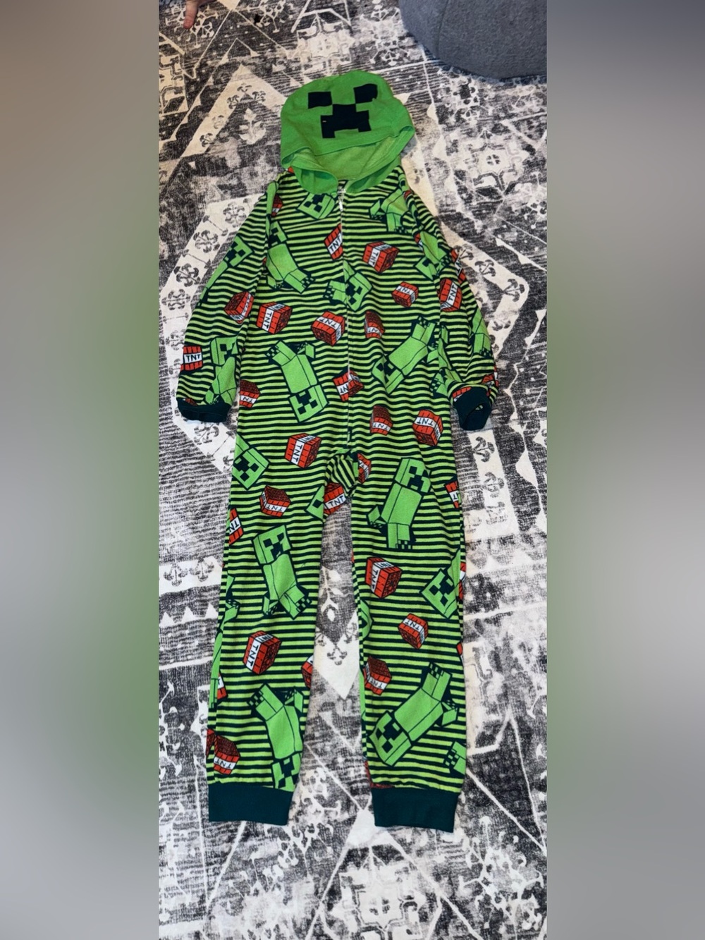 Green Creeper-Print Hooded One-Piece Footie for Kids
